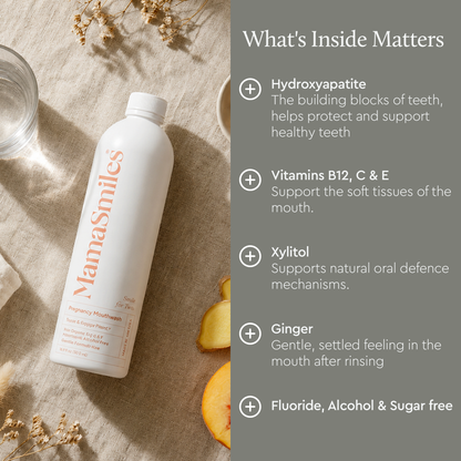 A white bottle of ManaSmiles Pregnancy Mouthwash with orange text, styled on a beige linen surface with dried flowers, a glass, and orange slices. A dark gray text panel on the right lists ingredients and benefits.