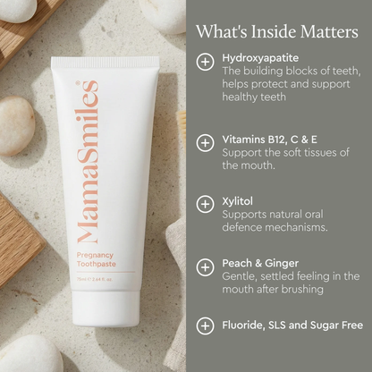 A white tube of MamaSmiles Pregnancy Toothpaste is shown on a light stone surface next to a dark gray text panel explaining ingredients and benefits. The tube has coral-pink text and branding.