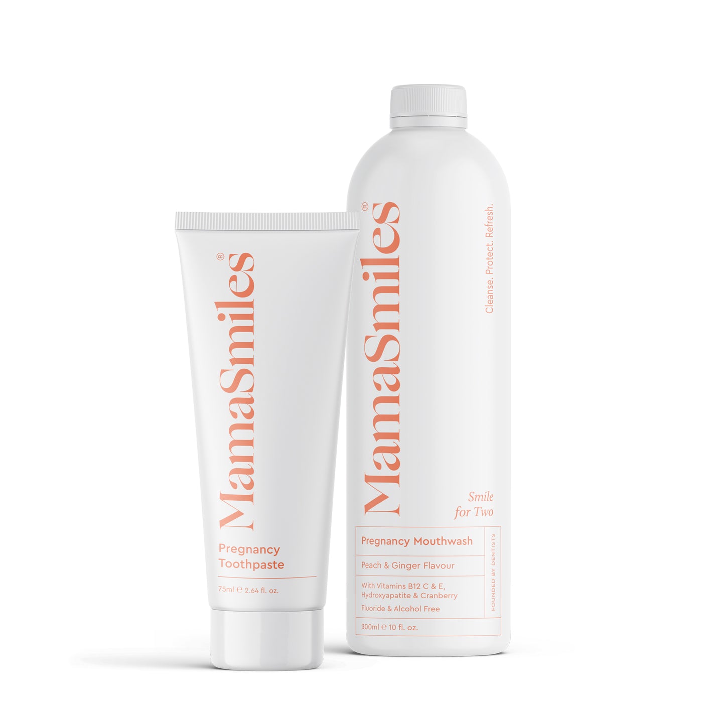 MamaSmiles pregnancy toothpaste and mouthwash on a white background