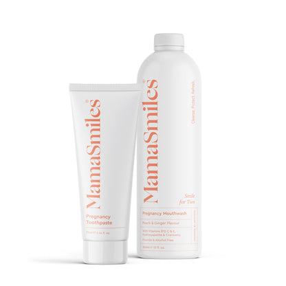 MamaSmiles pregnancy toothpaste and mouthwash on a white background