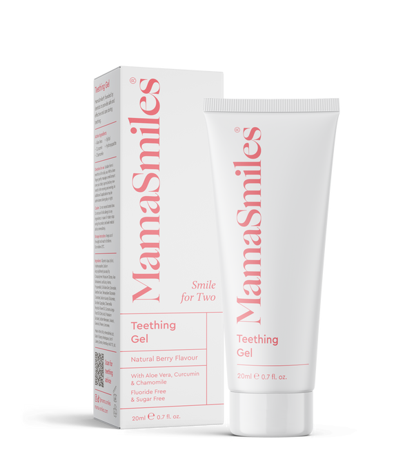 MamaSmiles teething gel packaging with tube and box on a white background