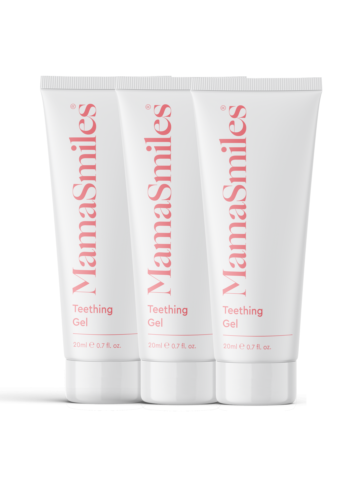 Three tubes of MamaSmiles Teething Gel on a white background