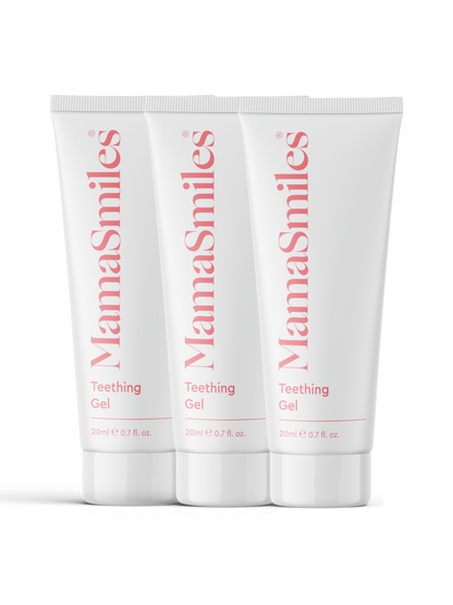 Three tubes of MamaSmiles Teething Gel on a white background
